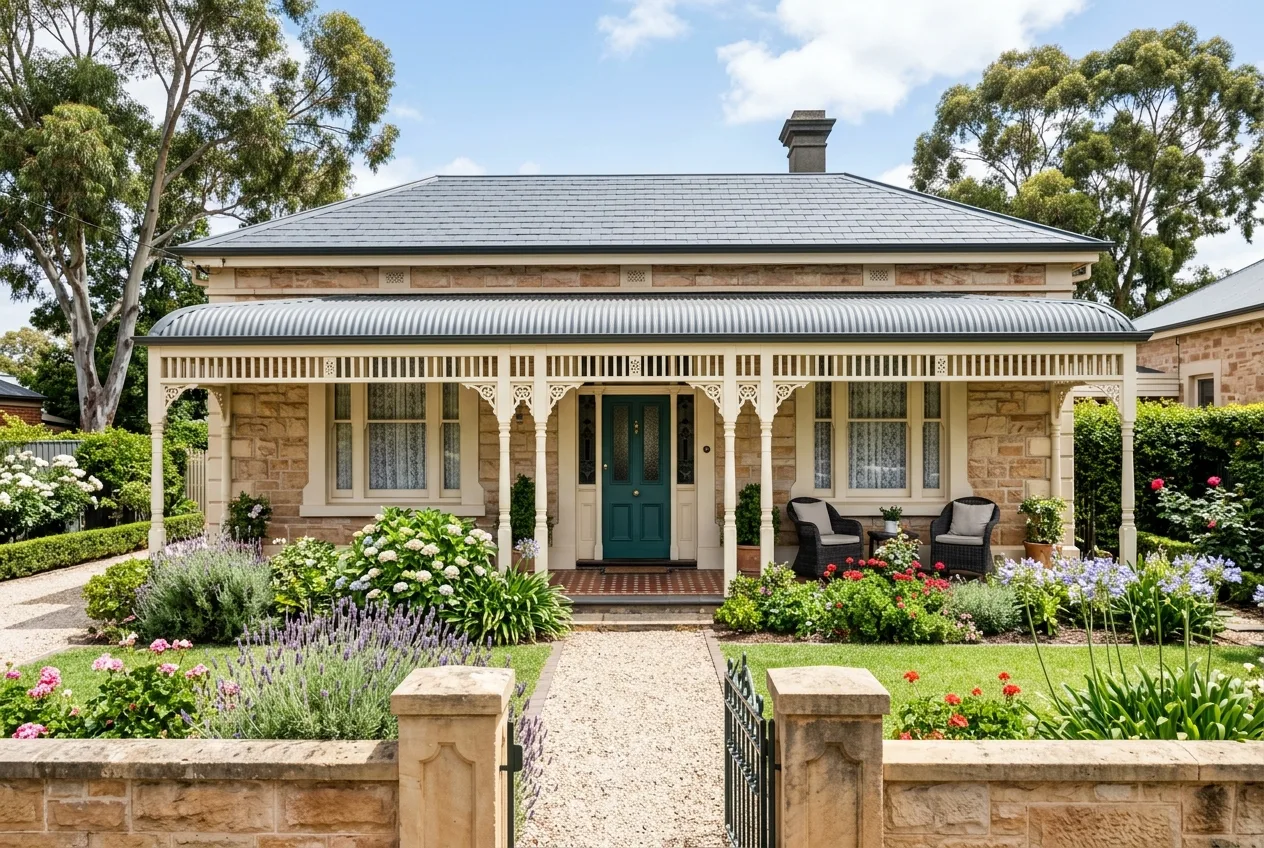 Adelaide sandstone villa with freshly painted white verandah posts and fretwork and a deep teal front door
