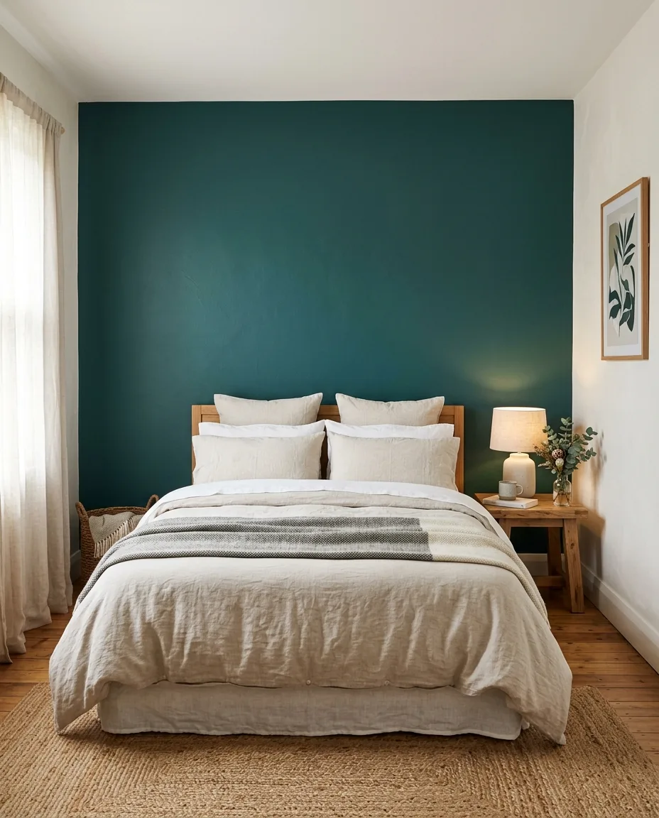 Bedroom with a freshly painted deep teal feature wall behind a linen bed and warm white side walls
