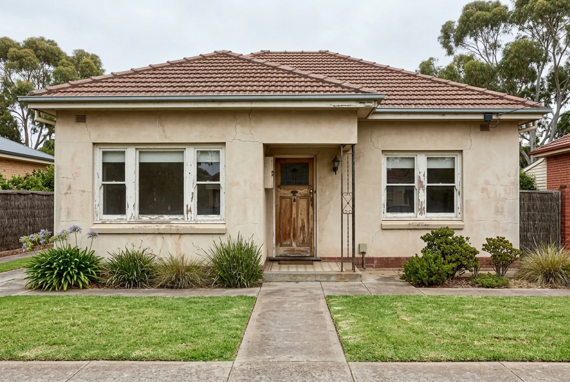 Rendered brick house facade before repainting with faded chalky render and peeling window trims