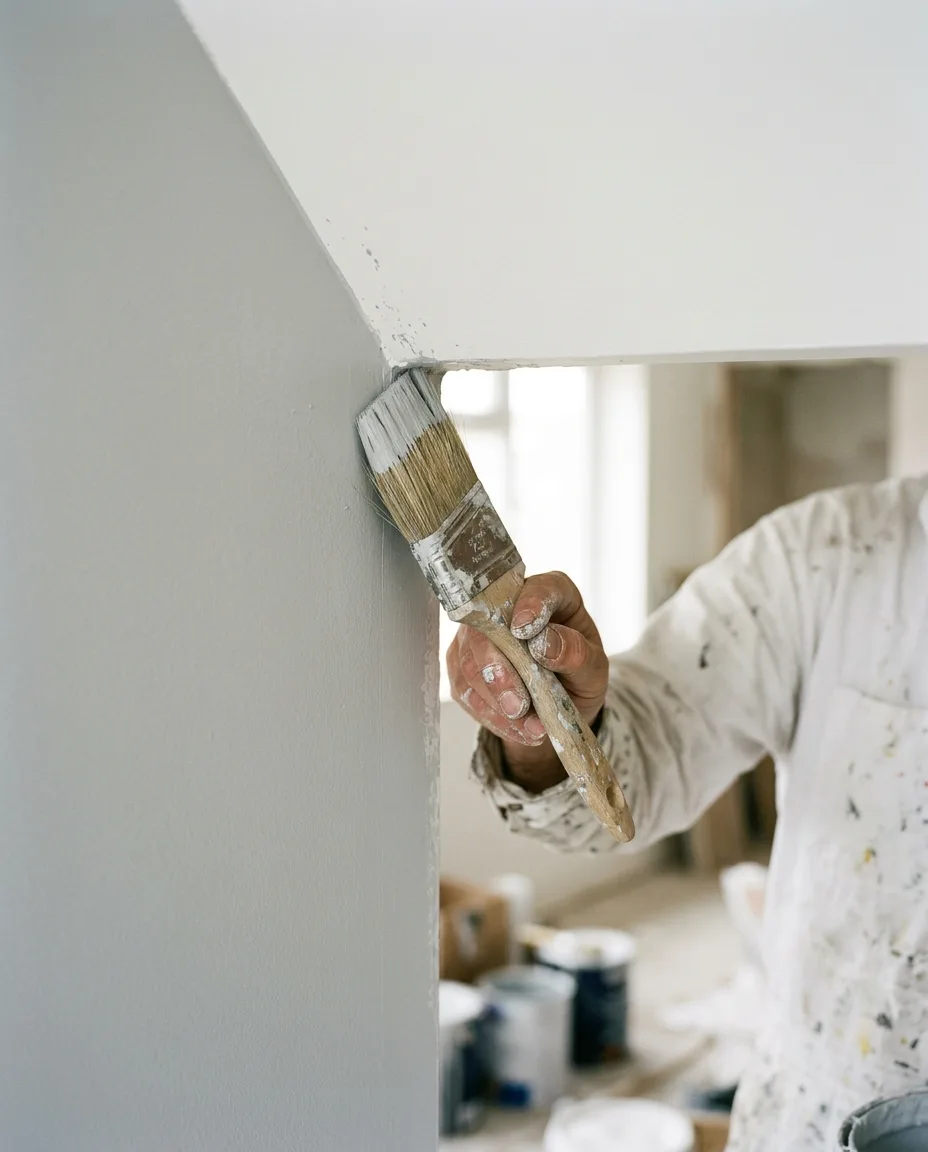 Painter cutting in a crisp straight line with an angled sash brush where a grey wall meets a white ceiling