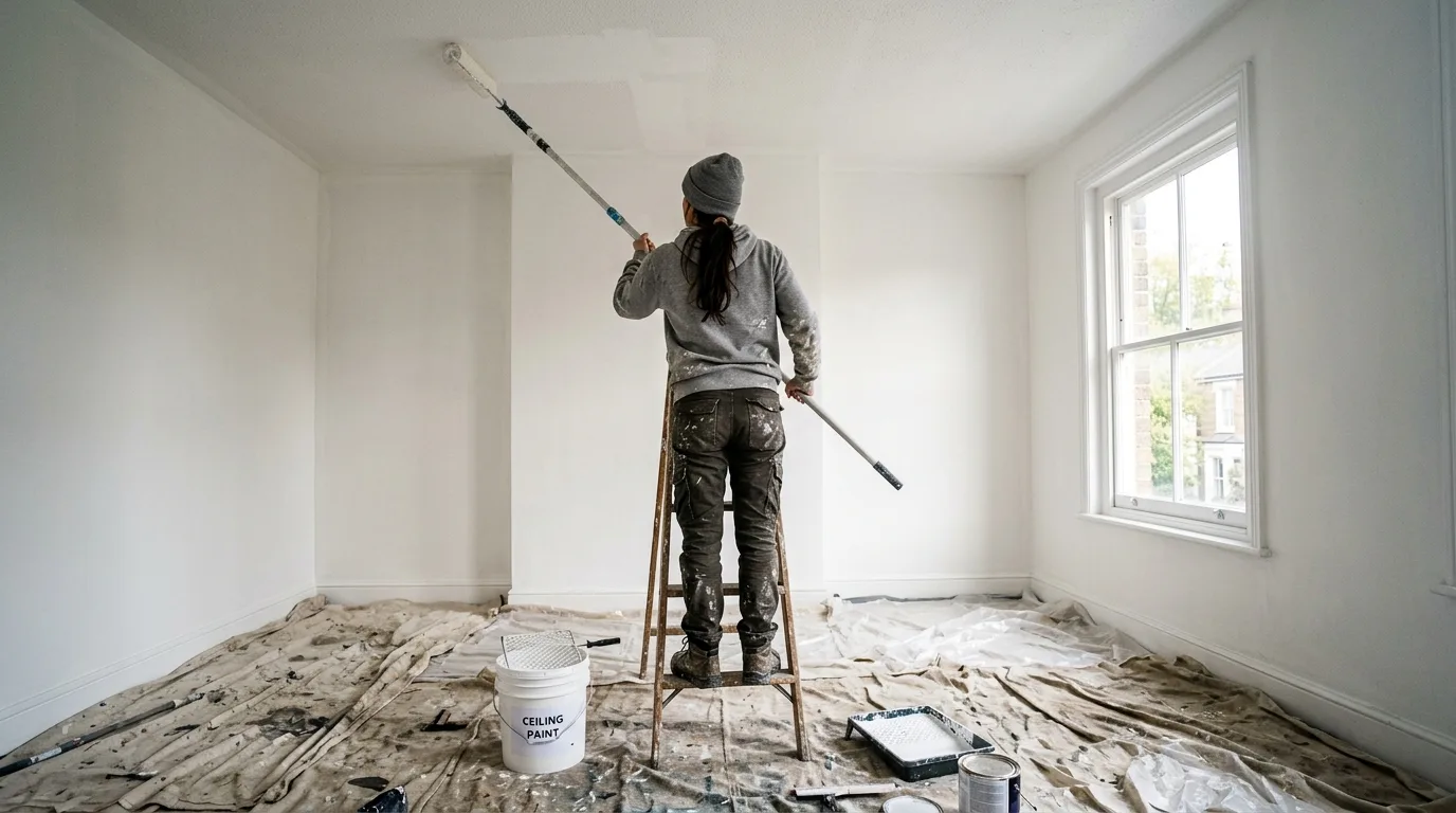 Painter seen from behind rolling a fresh coat of white ceiling paint with a roller on an extension pole in a bright empty room