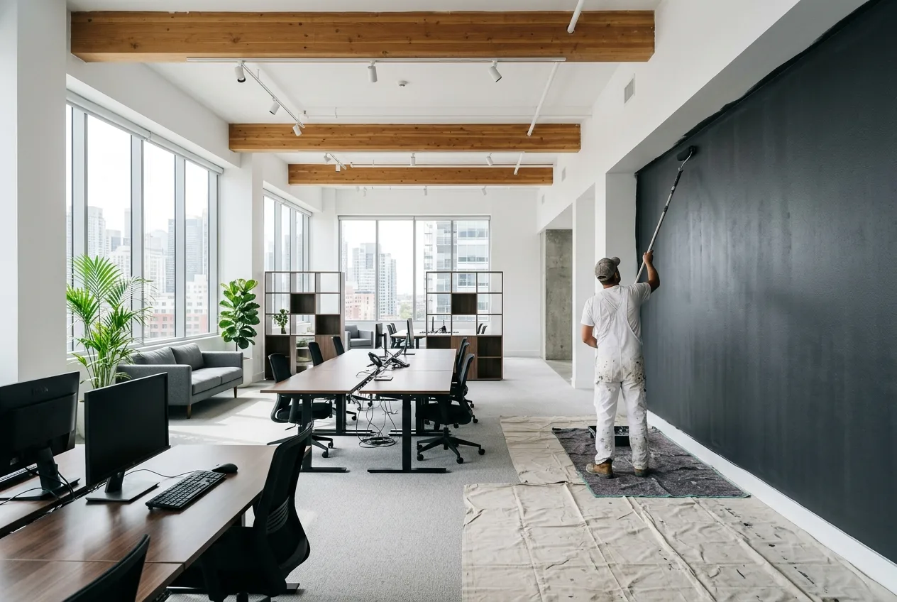 Modern open-plan office freshly repainted in white with a charcoal feature wall, painter finishing a wall in the background