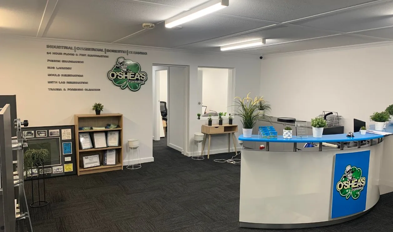 Commercial office reception repainted in white with a timber front counter