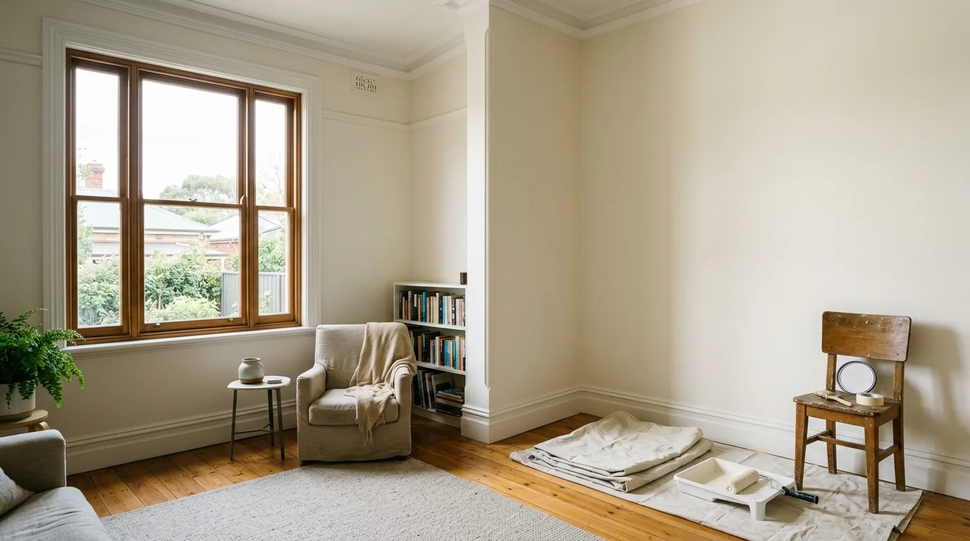 Freshly repainted living room in an Adelaide home with warm off-white walls and crisp cornice lines in morning light