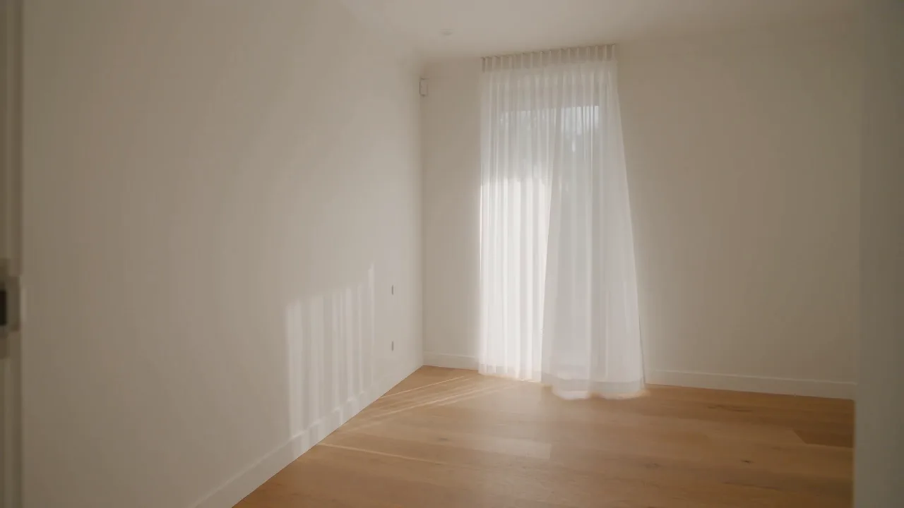 Freshly repainted living room in an Adelaide home with warm off-white walls and crisp cornice lines in morning light
