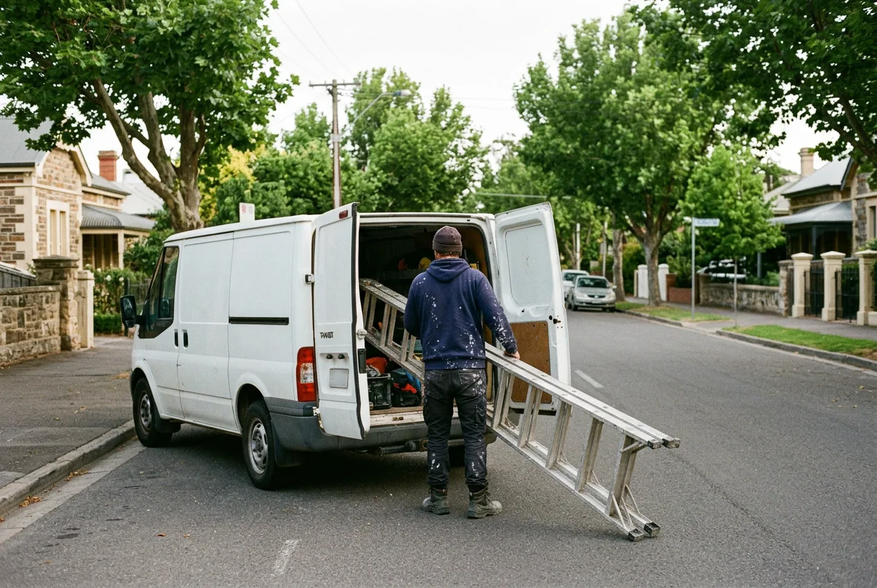 Painter unloading a ladder from a white work van on a quiet tree-lined Adelaide street in early morning