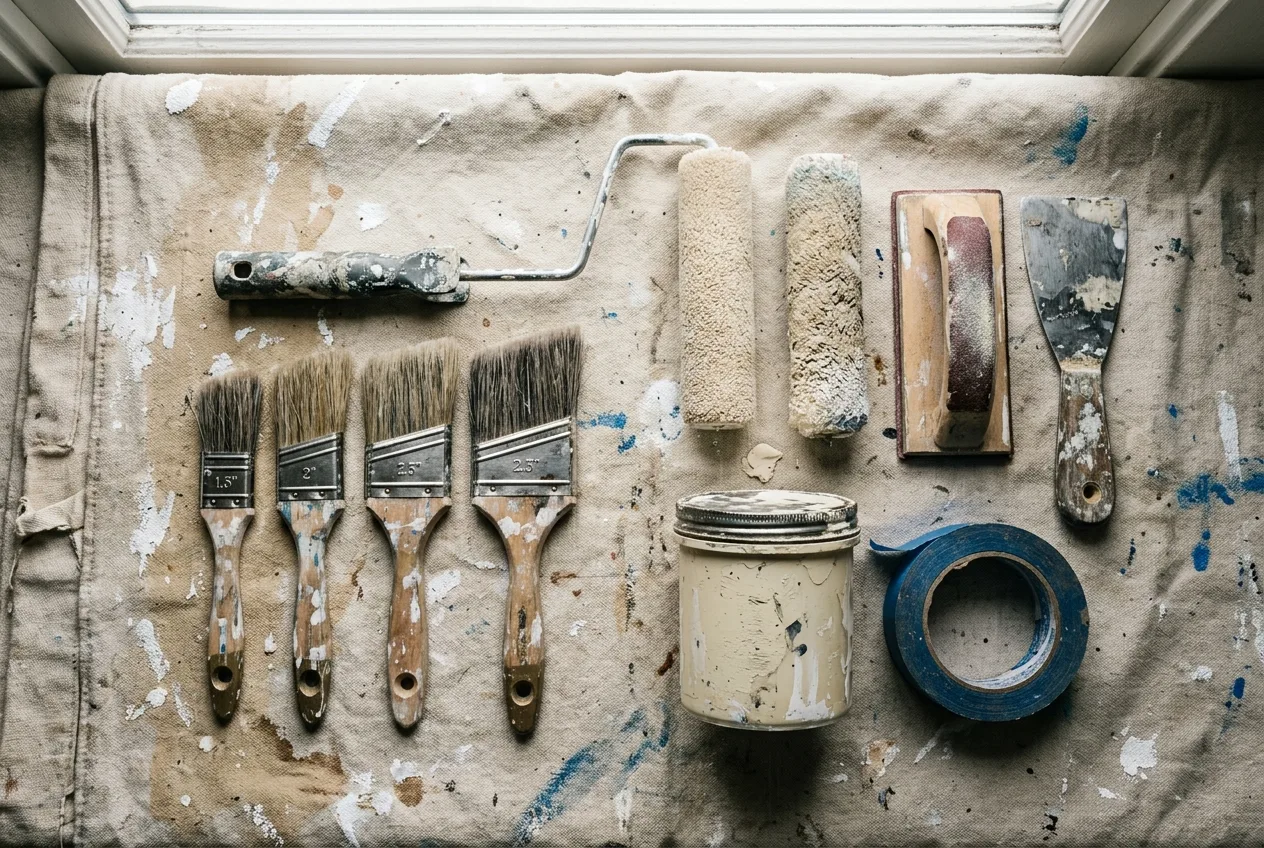Painter’s kit laid out on a canvas drop sheet: roller, sash brush, masking tape and a tin of white paint