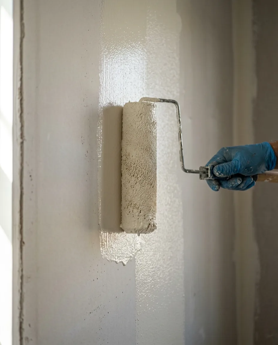 Paint roller laying a fresh wet coat of warm white paint onto an interior wall