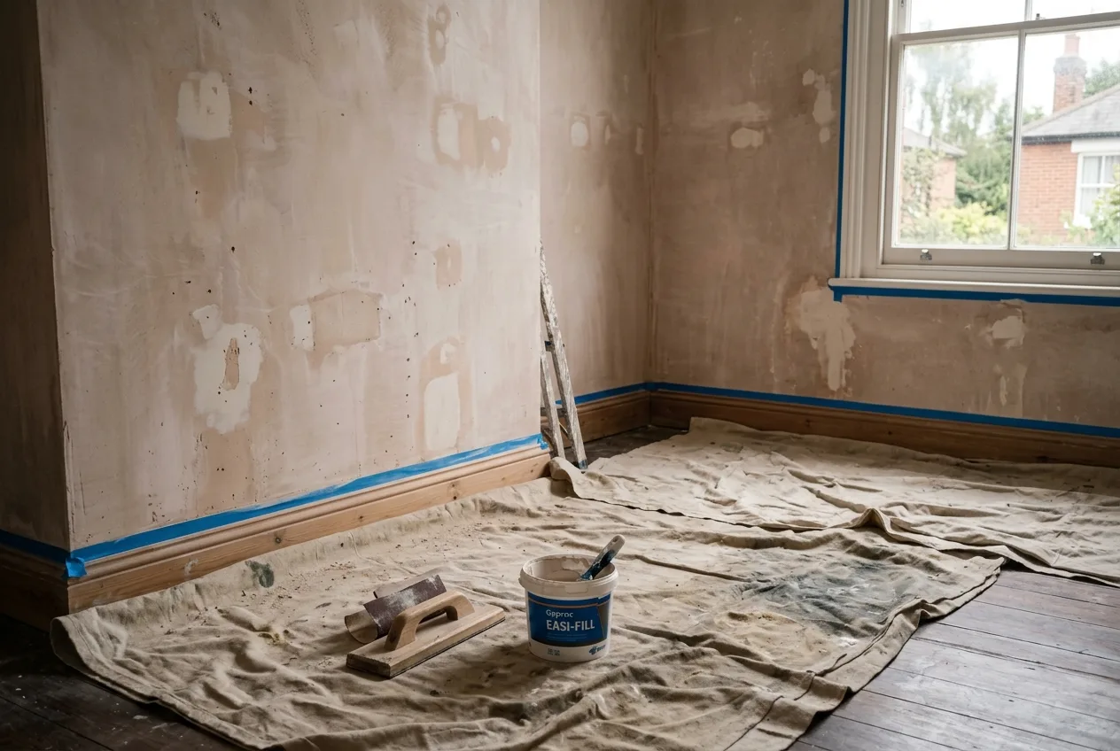 Painter sanding a filled patch on a wall beside masked architraves before painting